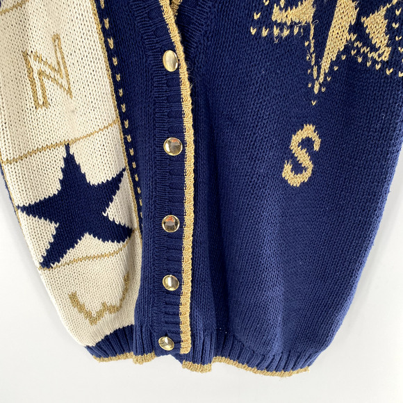 Vintage Jason Maxwell Compass Cardigan Sweater Sz M Blue Gold V-Neck Nautical - Picture 5 of 13